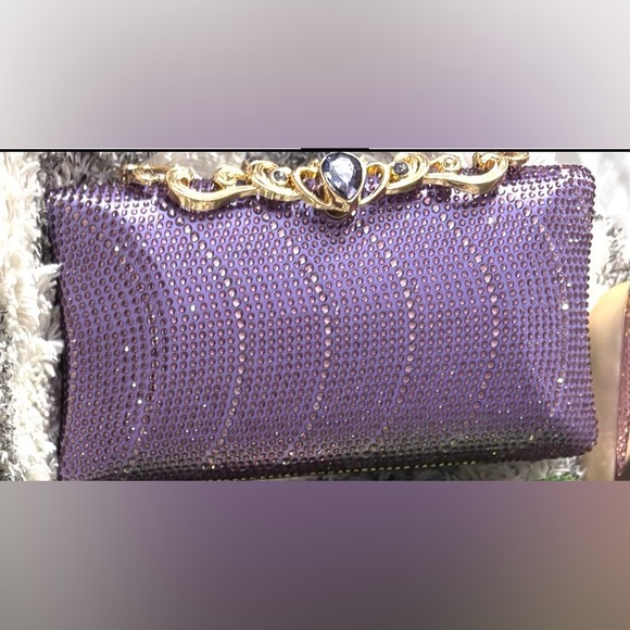 Handbags - Lavish Purple Crystal-Embellished Evening Clutch with Gold Accent